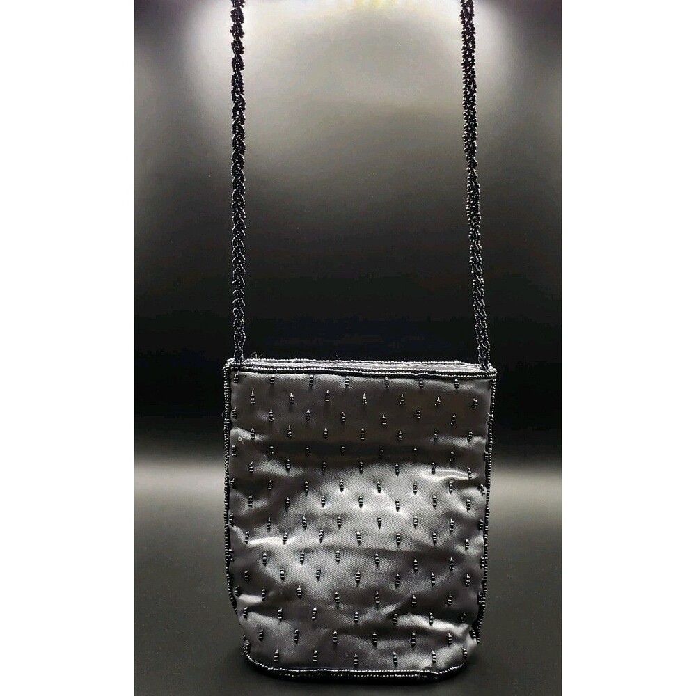 Black Pearls Beads Hand Grey Clutch Evening Hand Bag Purse Silver Prom Wedding - Picture 2 of 8